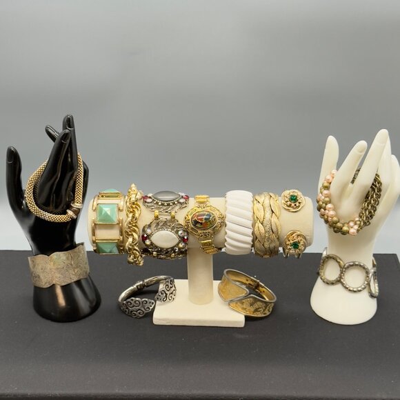 Vtg Chunky Bracelet Bangle Clamper Lot Gold Tone Silver Tone Beaded Chain Link - Picture 1 of 16